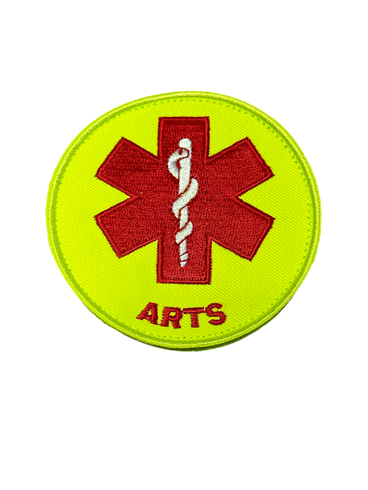 Badge geborduurd rond fluogeel Arts