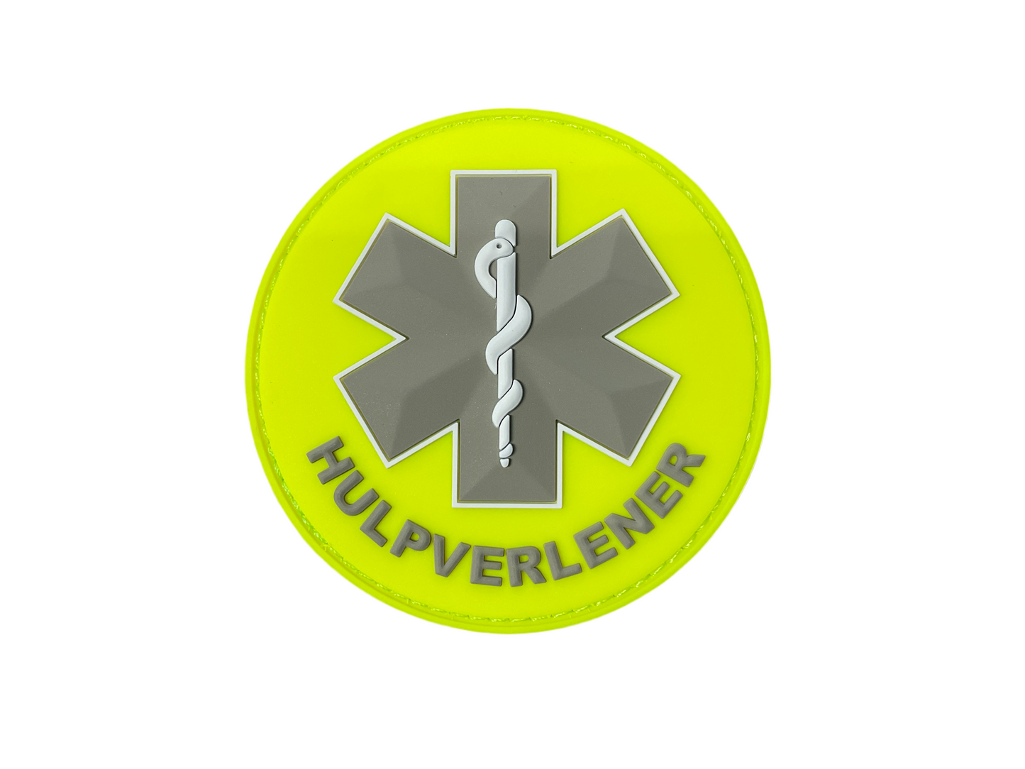 Badge PVC rond fluogeel Hulpverlener + tekst